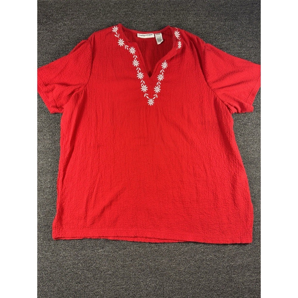 Cathy Daniels SZ 1X Women's Red Short Sleeve Textured Beaded Notch Neck Blouse